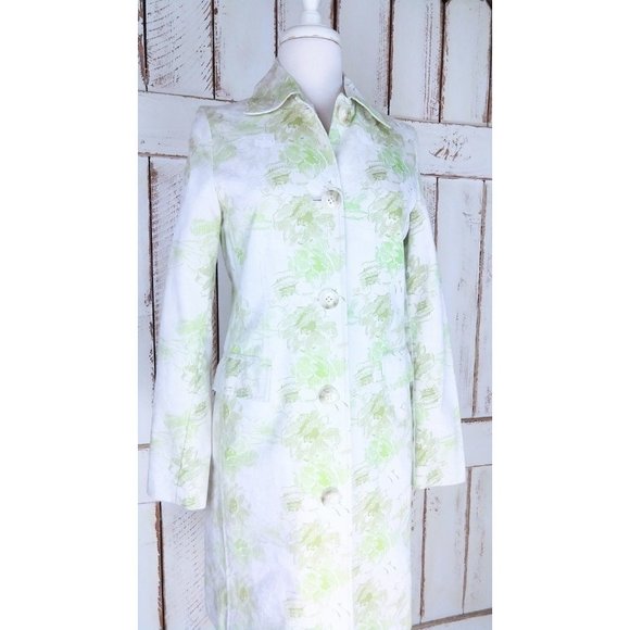 Vintage 90s green floral long cotton fitted jacket long floral cotton trench - Picture 2 of 4